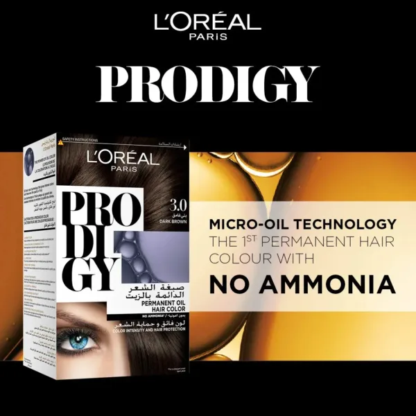 A box of L'Oreal Paris Prodigy 3.0 Dark Brown hair color promising long-lasting, ammonia-free, oil-infused vibrant color and 100% gray coverage for radiant shine.