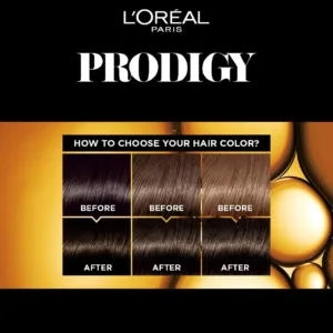 A box of L'Oreal Paris Prodigy 3.0 Dark Brown hair color promising long-lasting, ammonia-free, oil-infused vibrant color and 100% gray coverage for radiant shine.