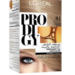 A box of L'Oreal Paris Prodigy 3.0 Dark Brown hair color promising long-lasting, ammonia-free, oil-infused vibrant color and 100% gray coverage for radiant shine.