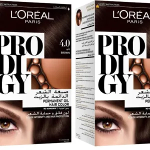 A box of L'Oreal Paris Prodigy 3.0 Dark Brown hair color promising long-lasting, ammonia-free, oil-infused vibrant color and 100% gray coverage for radiant shine.