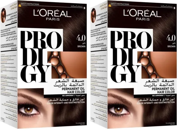 A box of L'Oreal Paris Prodigy 3.0 Dark Brown hair color promising long-lasting, ammonia-free, oil-infused vibrant color and 100% gray coverage for radiant shine.