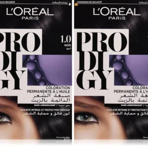 A box of L'Oreal Paris Prodigy 3.0 Dark Brown hair color promising long-lasting, ammonia-free, oil-infused vibrant color and 100% gray coverage for radiant shine.