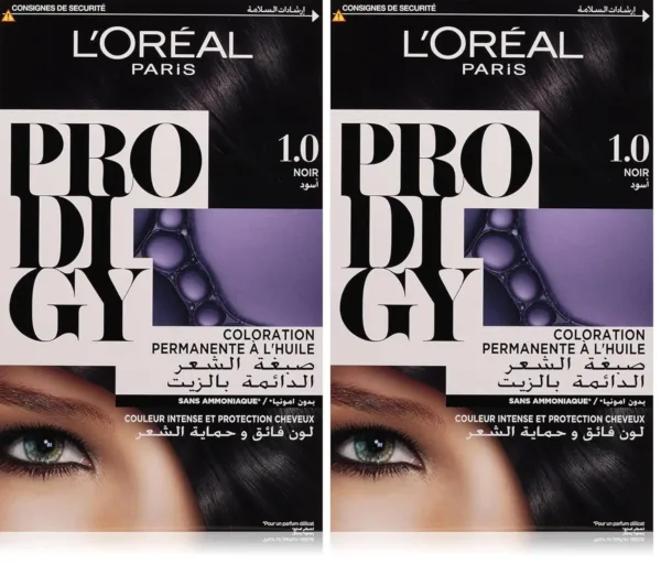 A box of L'Oreal Paris Prodigy 3.0 Dark Brown hair color promising long-lasting, ammonia-free, oil-infused vibrant color and 100% gray coverage for radiant shine.