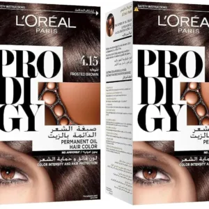 A box of L'Oreal Paris Prodigy 3.0 Dark Brown hair color promising long-lasting, ammonia-free, oil-infused vibrant color and 100% gray coverage for radiant shine.