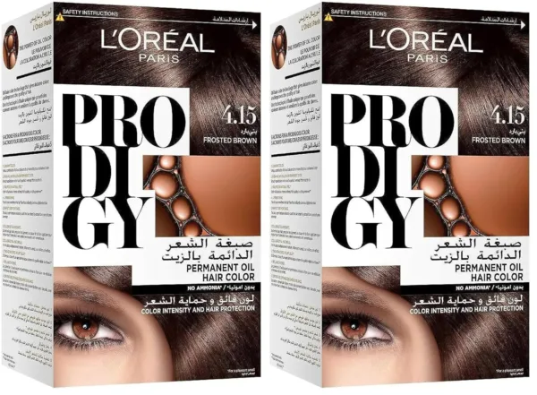 A box of L'Oreal Paris Prodigy 3.0 Dark Brown hair color promising long-lasting, ammonia-free, oil-infused vibrant color and 100% gray coverage for radiant shine.