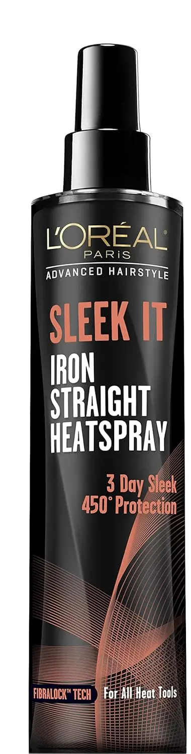 A bottle of L'Oreal Sleek It Iron Straight Heat Spray protects hair from heat damage up to 450 degrees while adding shine and calming frizz for long-lasting sleek styles.
