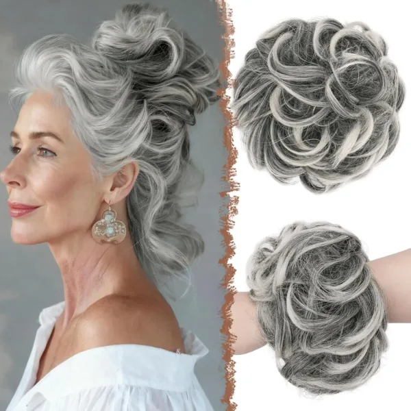 This large gray and white FESHFEN messy bun hair piece adds volume to your hair with its wavy, curly, elastic synthetic fibers, creating a stylish ponytail extension in seconds.