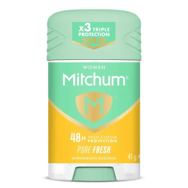 Mitchum Women's Pure Fresh deodorant stick provides 48-hour sweat and odor protection with triple odor defense, minimizes white marks, and is dermatologist tested and alcohol-free.