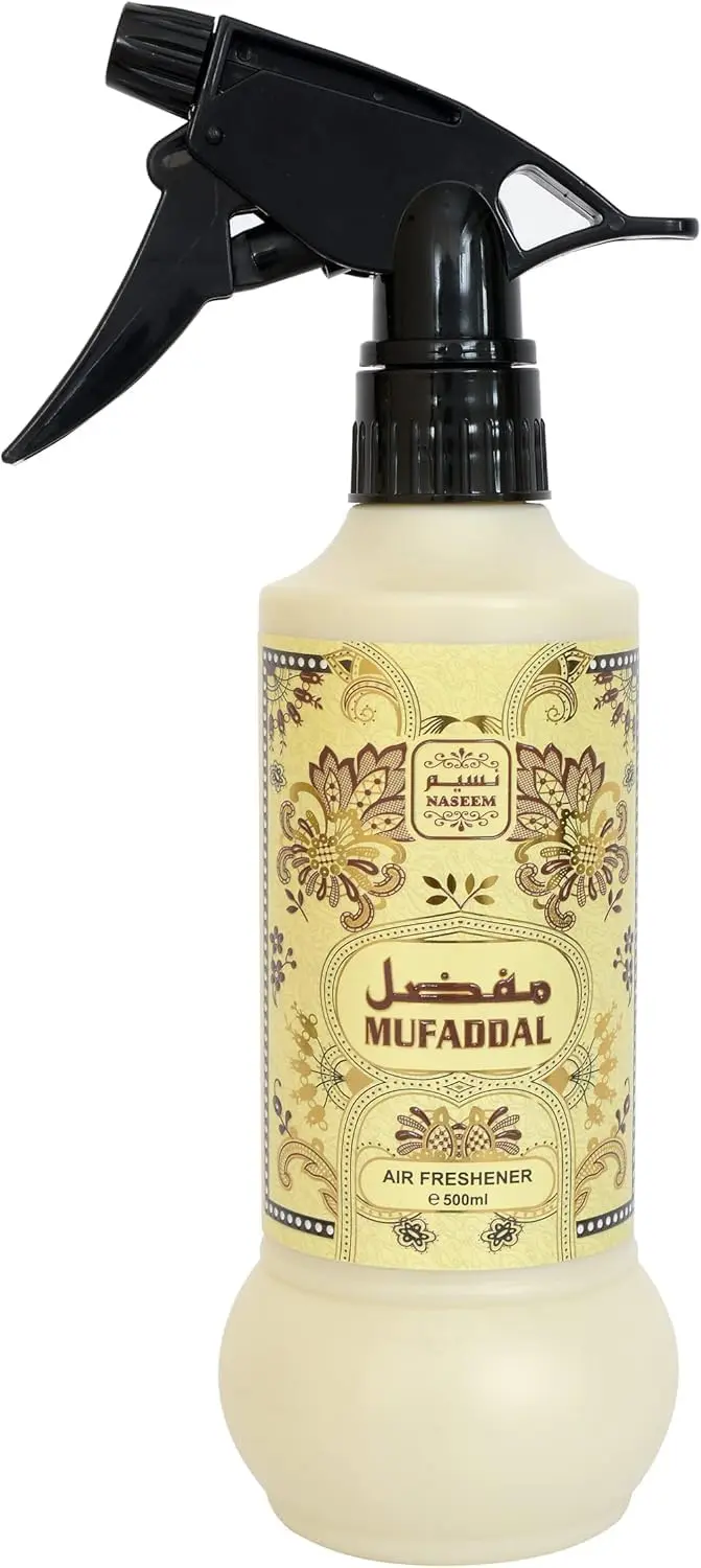 A bottle of Naseem Mufaddal Air Freshener Spray by AL Naseem PERFUME INDUSTRY, an area deodorizer with a citrus and cedar scent, designed to eliminate odors in homes, offices, and cars.