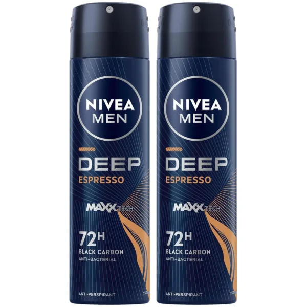 Two cans of NIVEA MEN DEEP Black Carbon antiperspirant spray with a modern espresso fragrance, providing 72-hour protection against sweat and odor, leaving no residue.