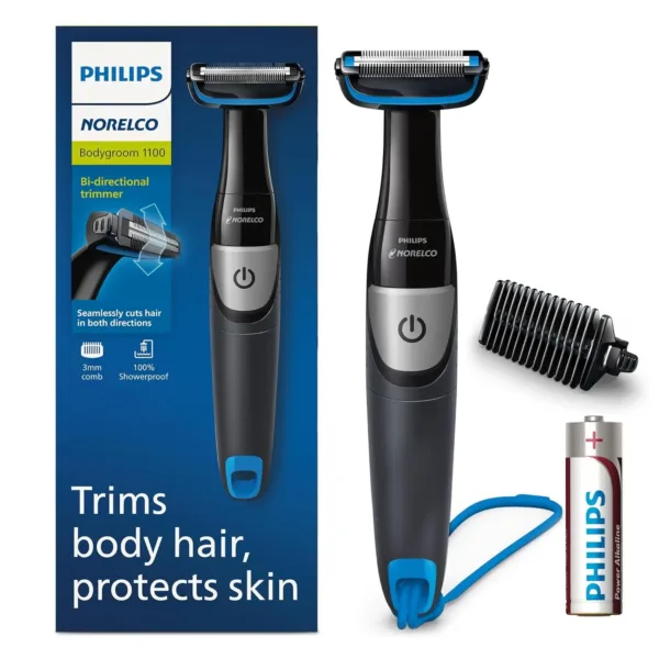 The Philips Norelco Bodygroom Series 1100 is a showerproof body hair trimmer for men, featuring a bi-directional trimmer, skin protector, and a 1/8" trimming comb for comfortable grooming.