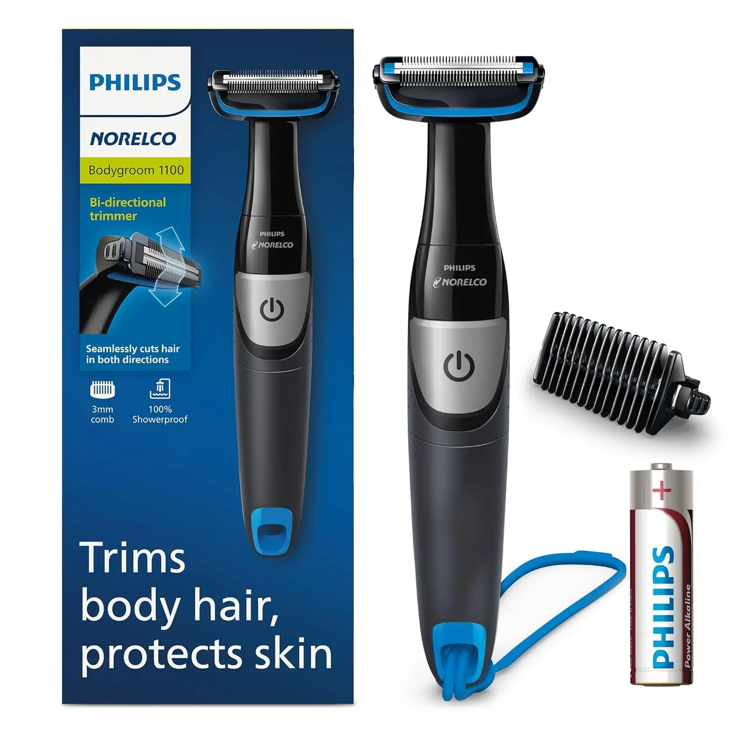 The Philips Norelco Bodygroom Series 1100 is a showerproof body hair trimmer for men, featuring a bi-directional trimmer, skin protector, and a 1/8" trimming comb for comfortable grooming.