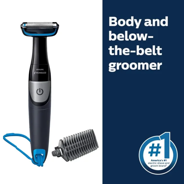 The Philips Norelco Bodygroom Series 1100 is a showerproof body hair trimmer for men, featuring a bi-directional trimmer, skin protector, and a 1/8" trimming comb for comfortable grooming.