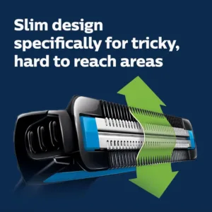 The Philips Norelco Bodygroom Series 1100 is a showerproof body hair trimmer for men, featuring a bi-directional trimmer, skin protector, and a 1/8" trimming comb for comfortable grooming.