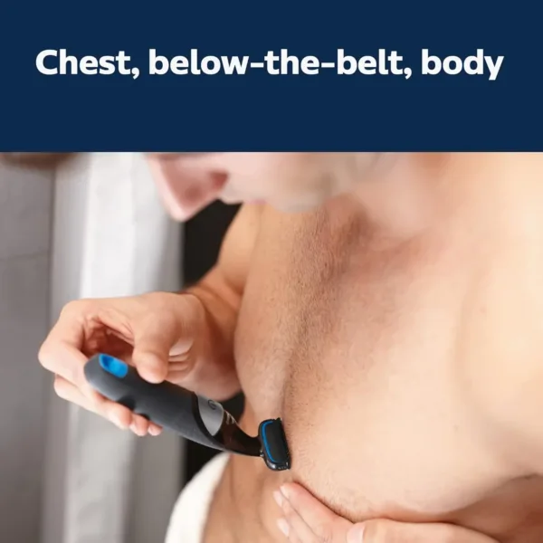 The Philips Norelco Bodygroom Series 1100 is a showerproof body hair trimmer for men, featuring a bi-directional trimmer, skin protector, and a 1/8" trimming comb for comfortable grooming.