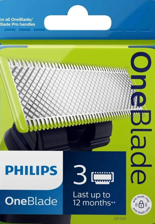 A package of Philips Norelco OneBlade replacement blades, designed to trim, edge, and shave any length of hair with a glide coating for comfortable shaving.