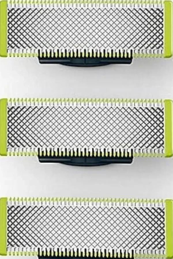 A package of Philips Norelco OneBlade replacement blades, designed to trim, edge, and shave any length of hair with a glide coating for comfortable shaving.