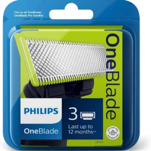 A package of Philips Norelco OneBlade replacement blades, designed to trim, edge, and shave any length of hair with a glide coating for comfortable shaving.