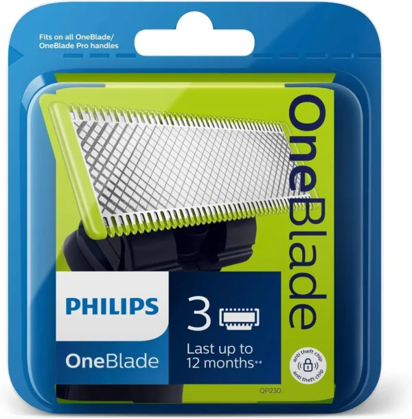 A package of Philips Norelco OneBlade replacement blades, designed to trim, edge, and shave any length of hair with a glide coating for comfortable shaving.