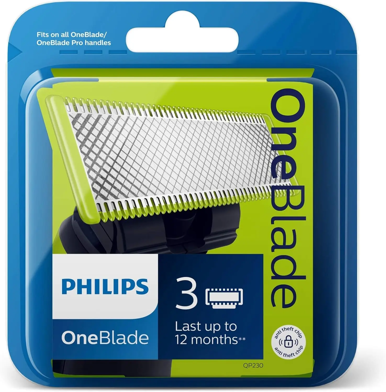 A package of Philips Norelco OneBlade replacement blades, designed to trim, edge, and shave any length of hair with a glide coating for comfortable shaving.