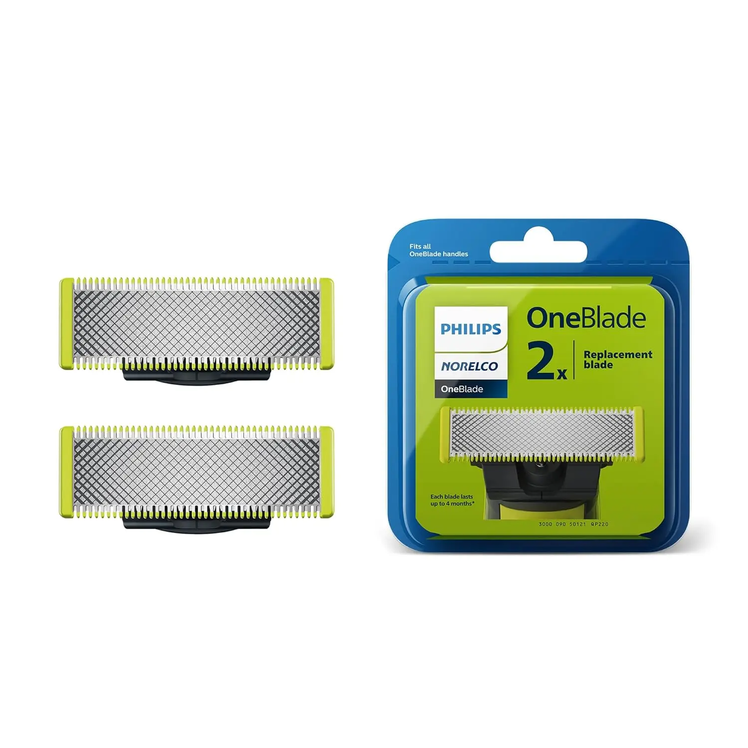 A package of Philips Norelco OneBlade replacement blades, designed to trim, edge, and shave any length of hair with a glide coating for comfortable shaving.