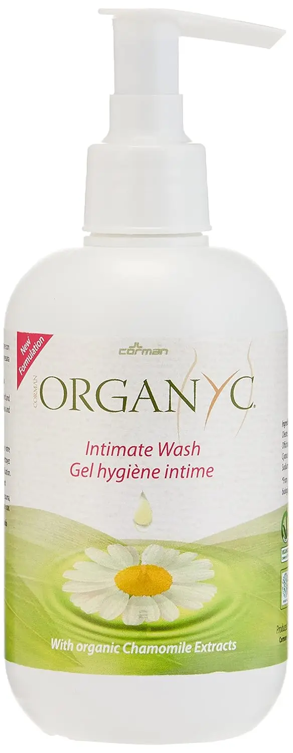 A bottle of Organyc intimate wash with chamomile is displayed, made from 100% biodegradable organic cotton and designed for sensitive skin to avoid synthetic materials.