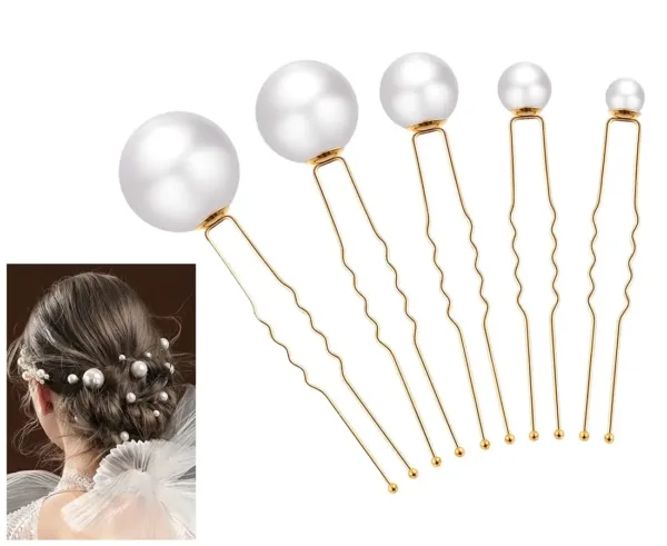 This set of 18 gold pearl hair pins in assorted sizes adds an elegant touch to bridal, bridesmaid, or everyday hairstyles, crafted with durable alloy, rhinestones, and imitation pearls for a charming and secure hold.