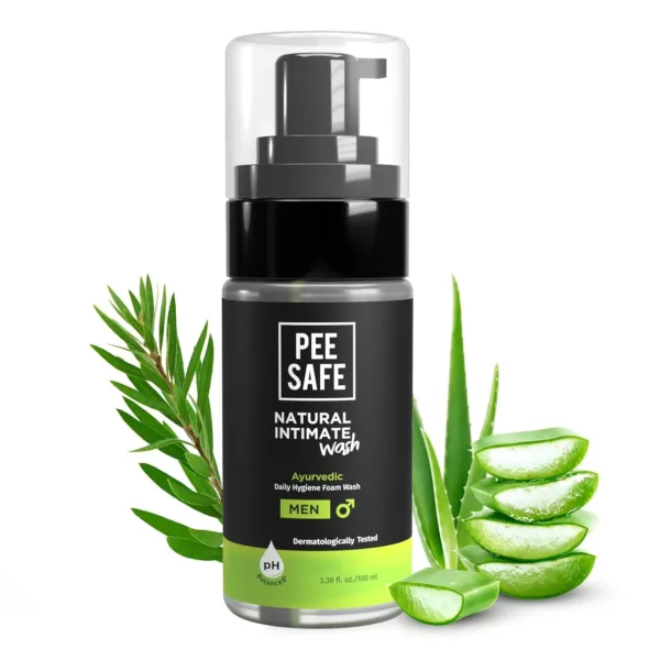 A bottle of Pee Safe Natural Intimate Wash for Men with tea tree oil, aloe vera, and calendula extracts, providing gentle cleansing and pH balance for intimate hygiene.