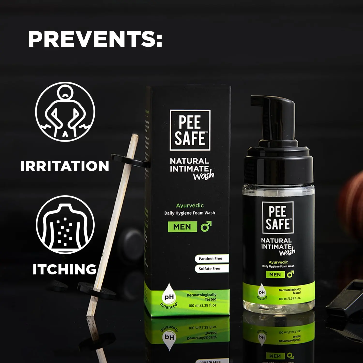 A bottle of Pee Safe Natural Intimate Wash for Men with tea tree oil, aloe vera, and calendula extracts, providing gentle cleansing and pH balance for intimate hygiene.