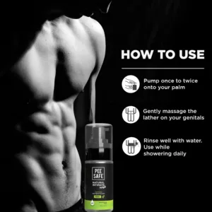 A bottle of Pee Safe Natural Intimate Wash for Men with tea tree oil, aloe vera, and calendula extracts, providing gentle cleansing and pH balance for intimate hygiene.