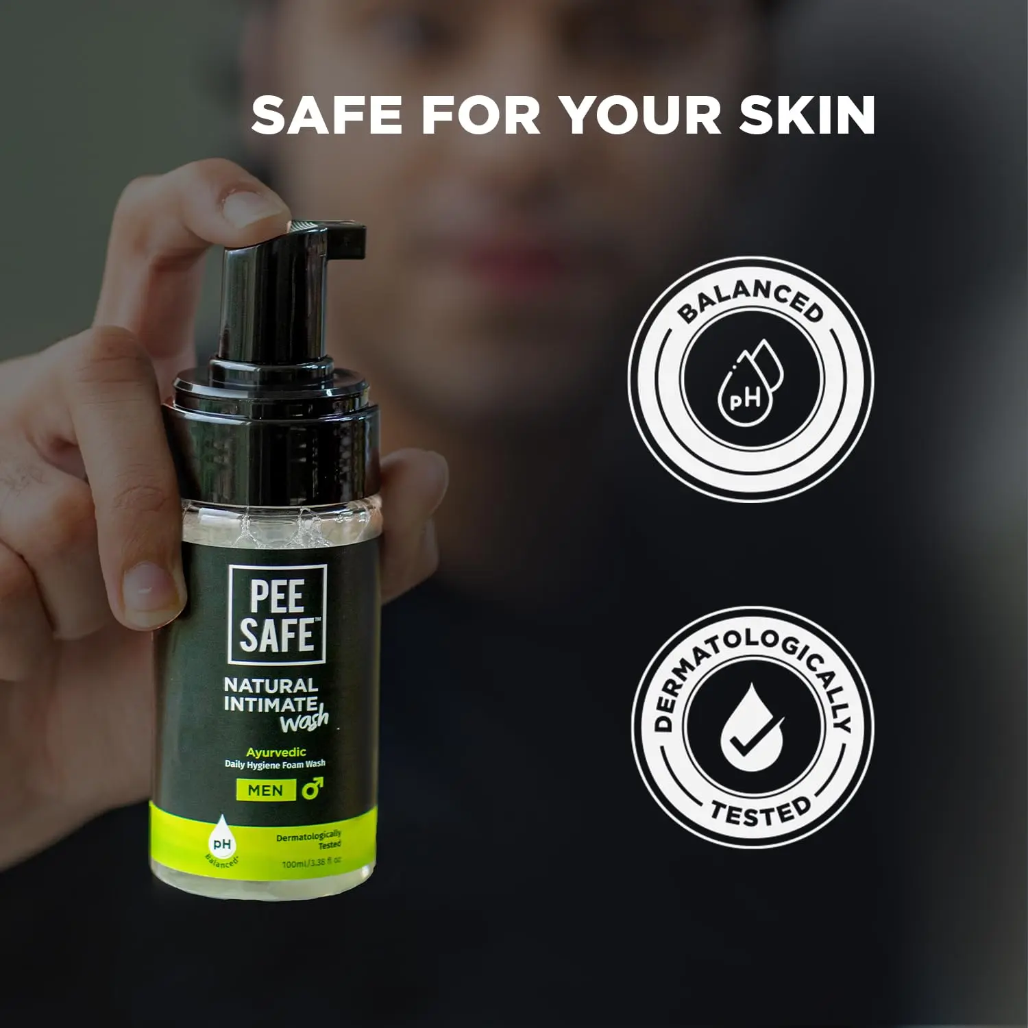A bottle of Pee Safe Natural Intimate Wash for Men with tea tree oil, aloe vera, and calendula extracts, providing gentle cleansing and pH balance for intimate hygiene.