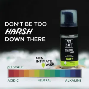 A bottle of Pee Safe Natural Intimate Wash for Men with tea tree oil, aloe vera, and calendula extracts, providing gentle cleansing and pH balance for intimate hygiene.