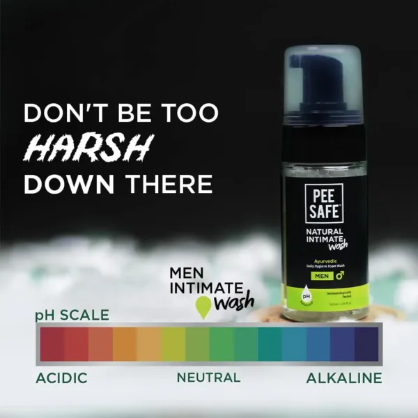 A bottle of Pee Safe Natural Intimate Wash for Men with tea tree oil, aloe vera, and calendula extracts, providing gentle cleansing and pH balance for intimate hygiene.