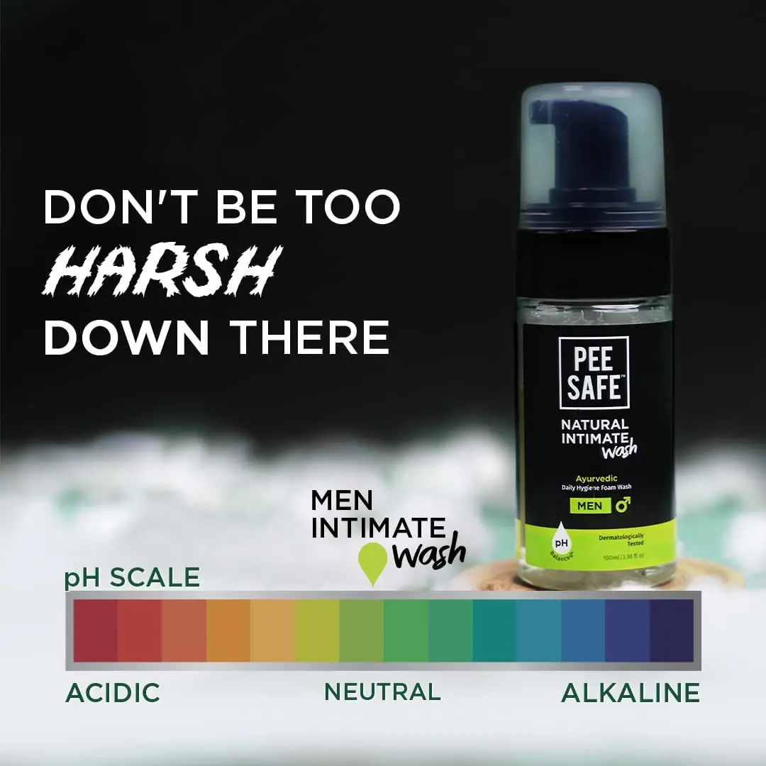 A bottle of Pee Safe Natural Intimate Wash for Men with tea tree oil, aloe vera, and calendula extracts, providing gentle cleansing and pH balance for intimate hygiene.