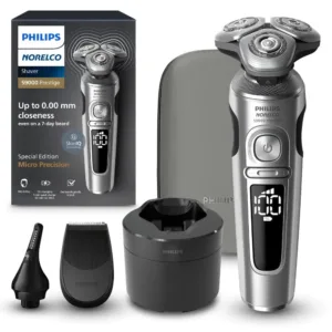 The Philips Norelco Series 9000 Prestige electric shaver delivers ultimate closeness and comfort with SenseIQ technology, flexing heads, NanoTech blades, and includes a precision trimmer, nose trimmer, cleaning pod, Qi pad, and premium pouch.