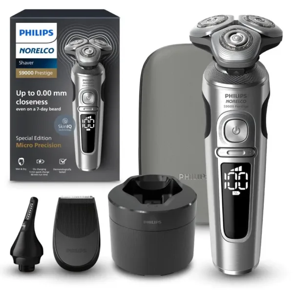 The Philips Norelco Series 9000 Prestige electric shaver delivers ultimate closeness and comfort with SenseIQ technology, flexing heads, NanoTech blades, and includes a precision trimmer, nose trimmer, cleaning pod, Qi pad, and premium pouch.