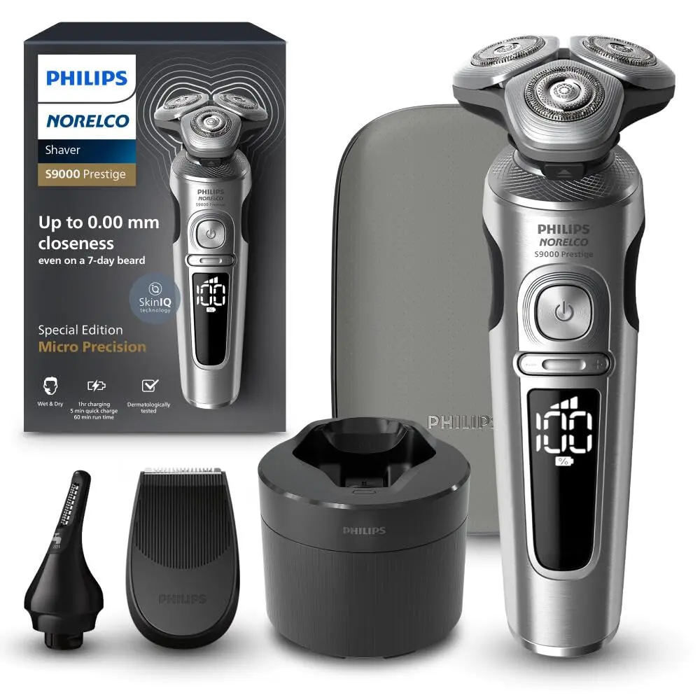 The Philips Norelco Series 9000 Prestige electric shaver delivers ultimate closeness and comfort with SenseIQ technology, flexing heads, NanoTech blades, and includes a precision trimmer, nose trimmer, cleaning pod, Qi pad, and premium pouch.
