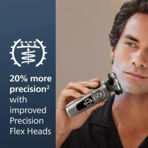 The Philips Norelco Series 9000 Prestige electric shaver delivers ultimate closeness and comfort with SenseIQ technology, flexing heads, NanoTech blades, and includes a precision trimmer, nose trimmer, cleaning pod, Qi pad, and premium pouch.
