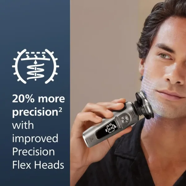 The Philips Norelco Series 9000 Prestige electric shaver delivers ultimate closeness and comfort with SenseIQ technology, flexing heads, NanoTech blades, and includes a precision trimmer, nose trimmer, cleaning pod, Qi pad, and premium pouch.