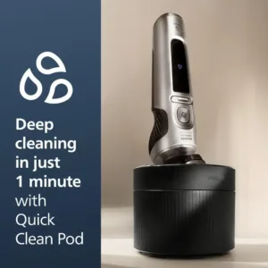 The Philips Norelco Series 9000 Prestige electric shaver delivers ultimate closeness and comfort with SenseIQ technology, flexing heads, NanoTech blades, and includes a precision trimmer, nose trimmer, cleaning pod, Qi pad, and premium pouch.