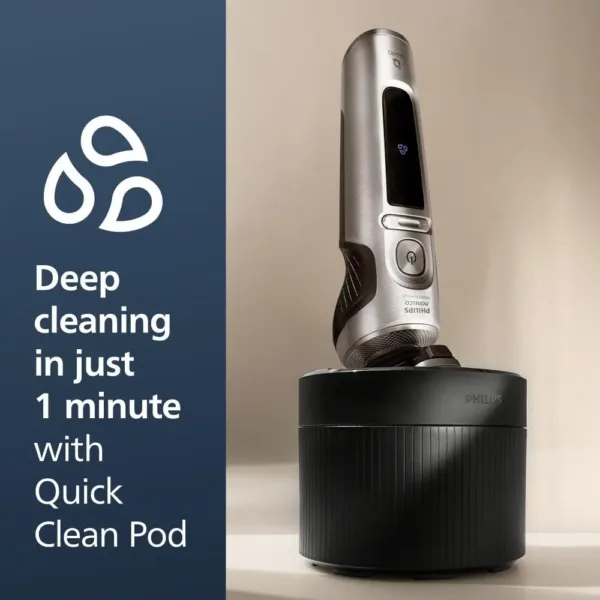 The Philips Norelco Series 9000 Prestige electric shaver delivers ultimate closeness and comfort with SenseIQ technology, flexing heads, NanoTech blades, and includes a precision trimmer, nose trimmer, cleaning pod, Qi pad, and premium pouch.