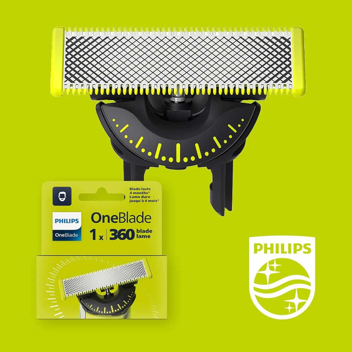 A single Philips OneBlade 360 replacement blade, designed with innovative technology for a close and comfortable shave with all OneBlade models.