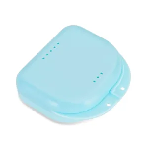 A bluish orthodontic retainer case with vent holes is lightweight, portable, and perfect for storing aligners, mouthguards, or dentures at home, the office, or while traveling.