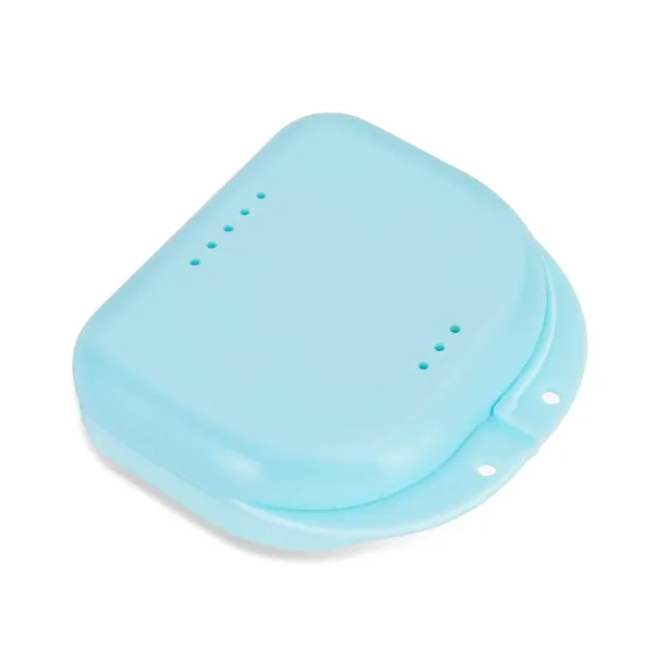 A bluish orthodontic retainer case with vent holes is lightweight, portable, and perfect for storing aligners, mouthguards, or dentures at home, the office, or while traveling.