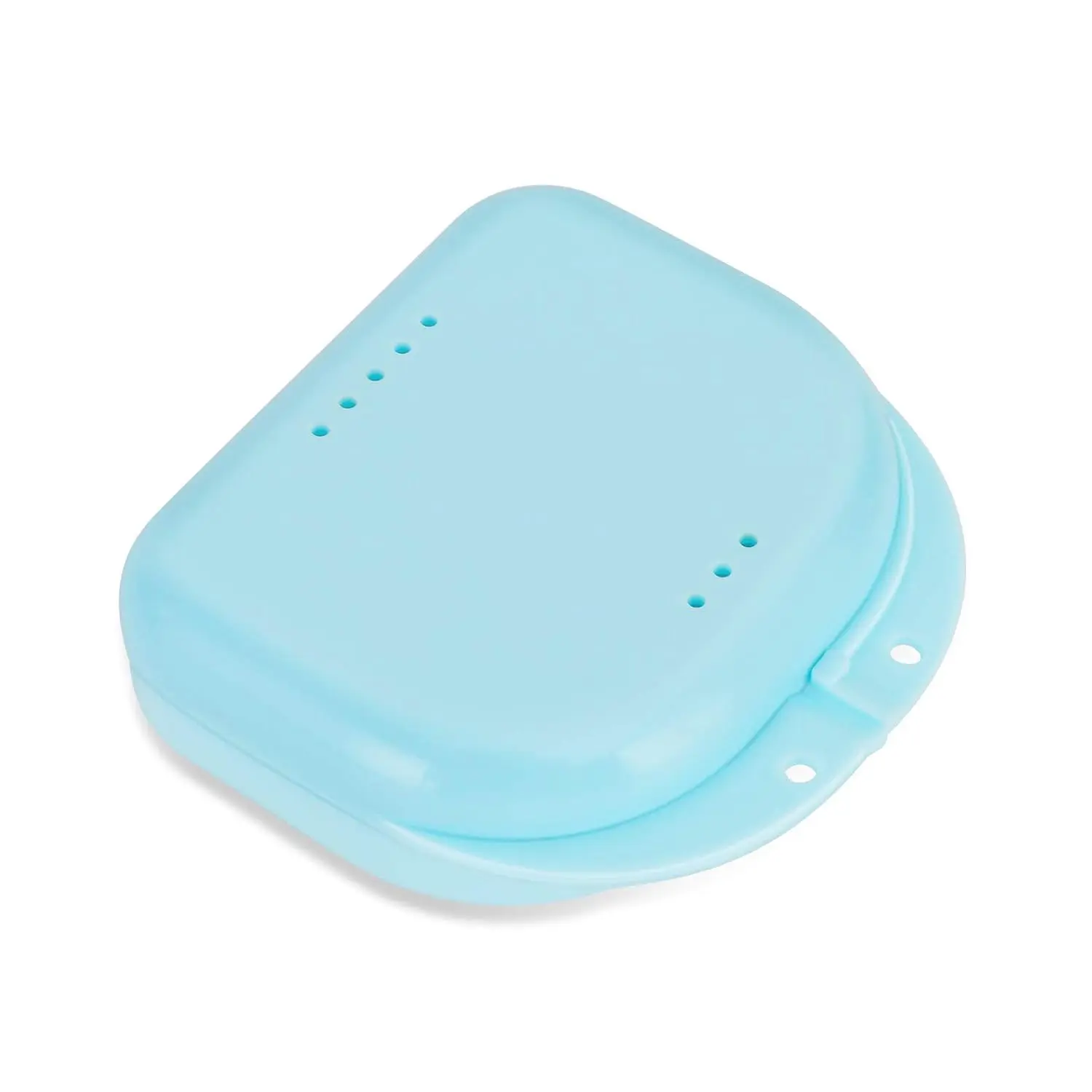 A bluish orthodontic retainer case with vent holes is lightweight, portable, and perfect for storing aligners, mouthguards, or dentures at home, the office, or while traveling.