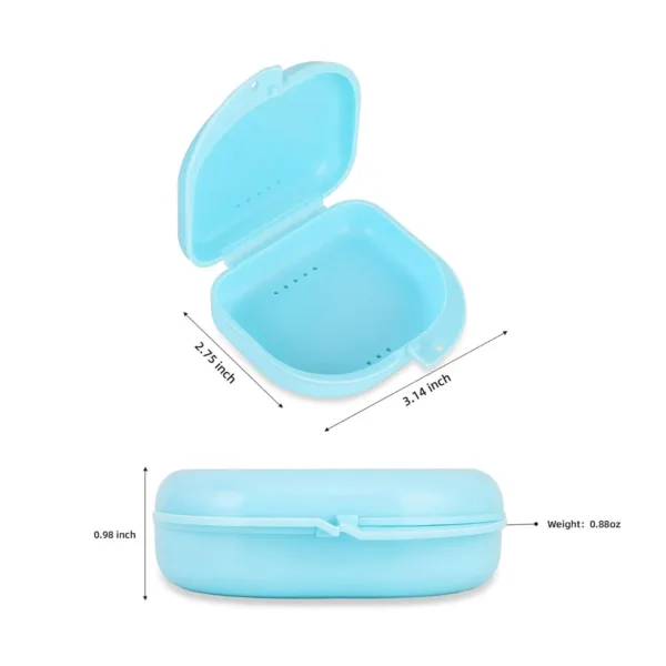 A bluish orthodontic retainer case with vent holes is lightweight, portable, and perfect for storing aligners, mouthguards, or dentures at home, the office, or while traveling.