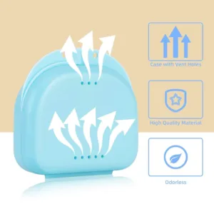 A bluish orthodontic retainer case with vent holes is lightweight, portable, and perfect for storing aligners, mouthguards, or dentures at home, the office, or while traveling.