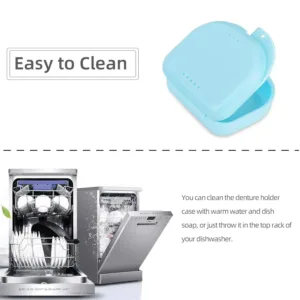 A bluish orthodontic retainer case with vent holes is lightweight, portable, and perfect for storing aligners, mouthguards, or dentures at home, the office, or while traveling.