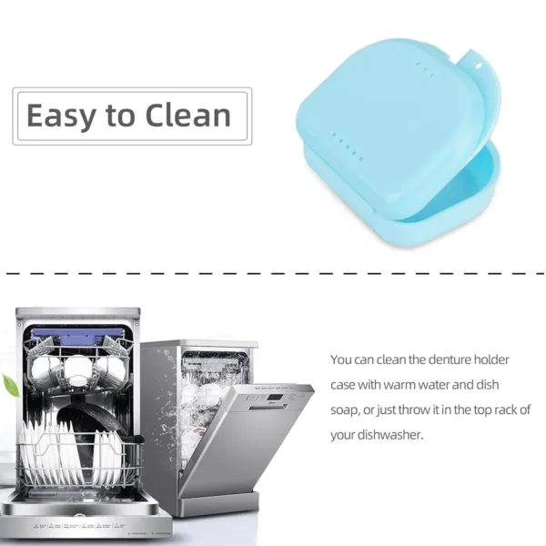 A bluish orthodontic retainer case with vent holes is lightweight, portable, and perfect for storing aligners, mouthguards, or dentures at home, the office, or while traveling.