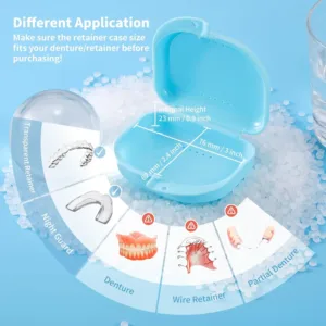 A bluish orthodontic retainer case with vent holes is lightweight, portable, and perfect for storing aligners, mouthguards, or dentures at home, the office, or while traveling.